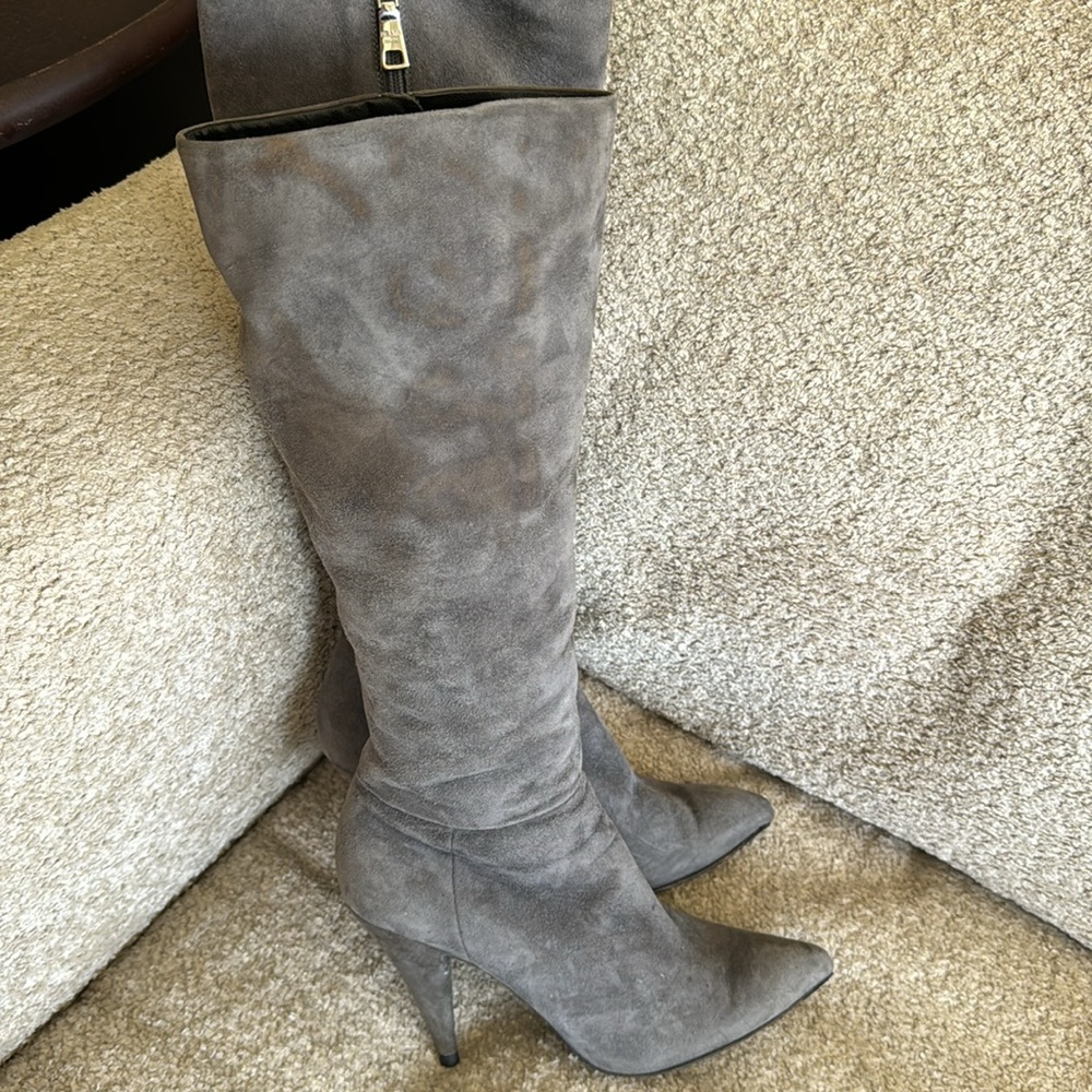 Prada Suede Knee High Boot Cone Heel Gray 37.5 IT 7.5 US NIB MSRP $1400